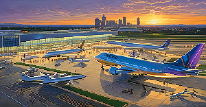 A panoramic view of Charlotte Douglas International Airport at sunset, with travelers and airplanes, and the city skyline in the background.