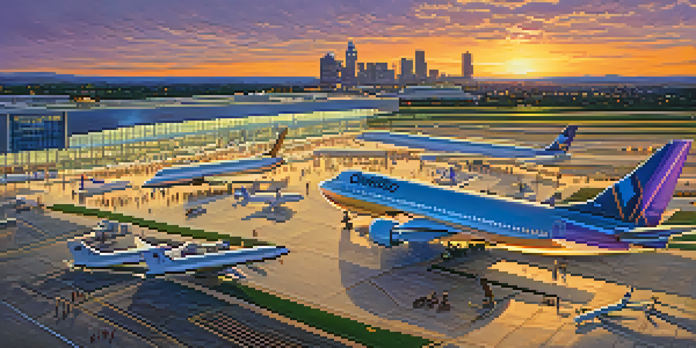 A panoramic view of Charlotte Douglas International Airport at sunset, with travelers and airplanes, and the city skyline in the background.