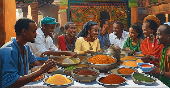 A colorful Ethiopian meal with injera and stews, enjoyed by people in a cozy restaurant setting.