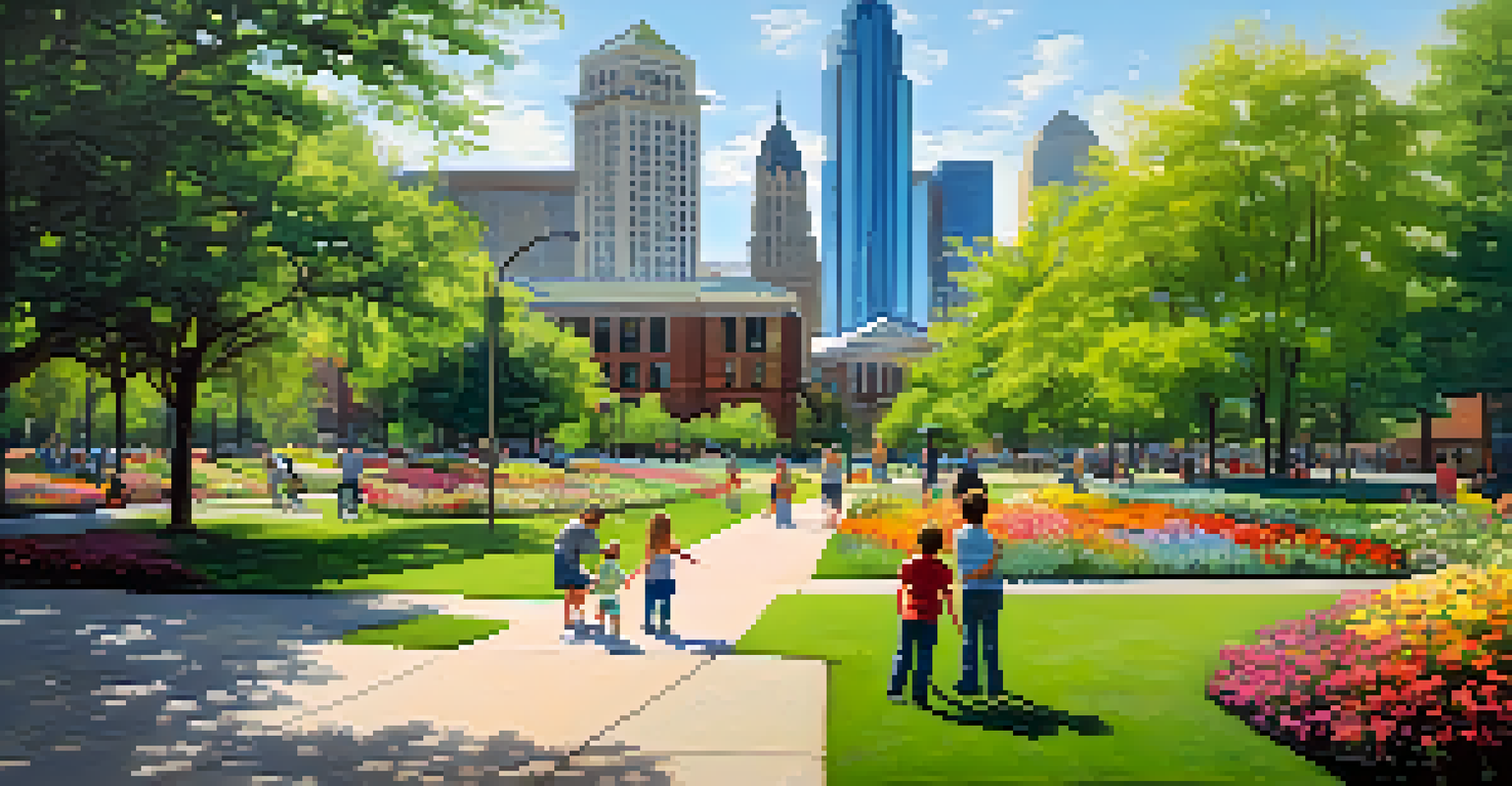 An urban green space in Charlotte with families enjoying the outdoors and colorful flowers.