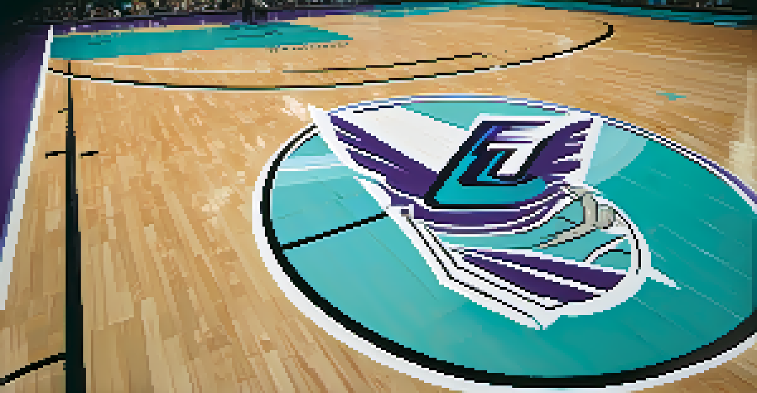 A close-up of a basketball on the court showcasing the Charlotte Hornets' logo and polished wood texture.