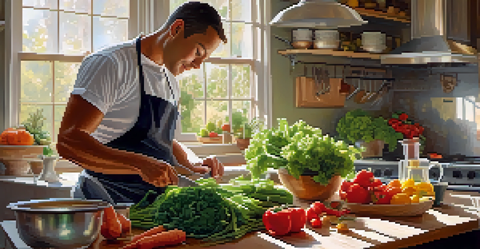 A chef in a kitchen preparing a meal with fresh, local ingredients, surrounded by colorful vegetables and herbs, with sunlight streaming through the window.