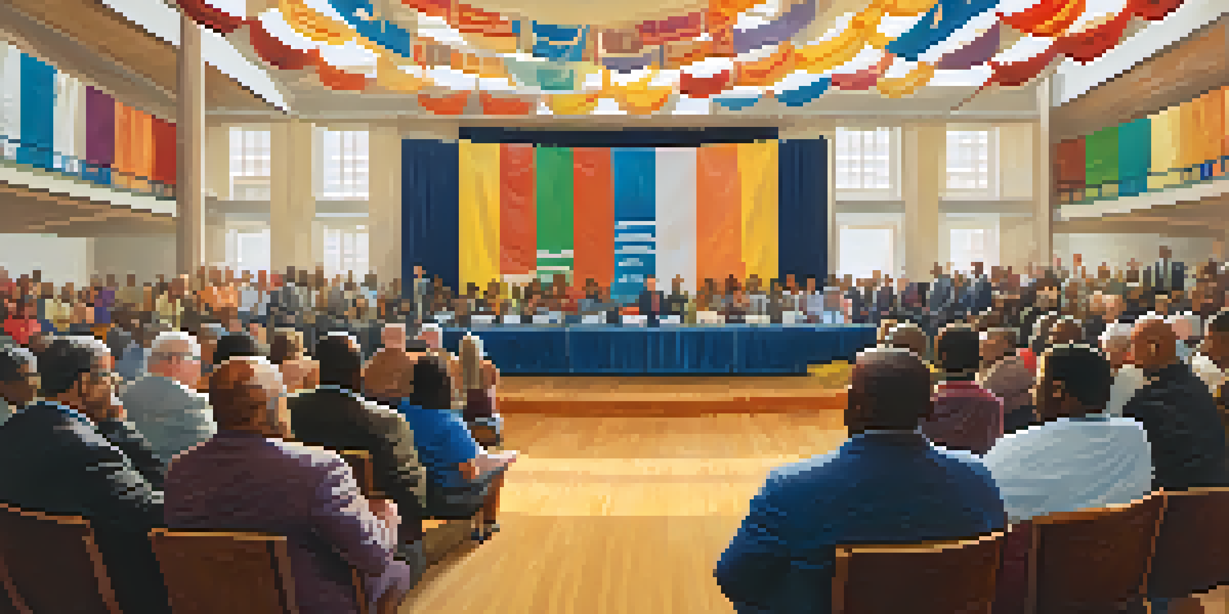 A town hall meeting in Charlotte with diverse citizens engaged, featuring a city official at a podium.