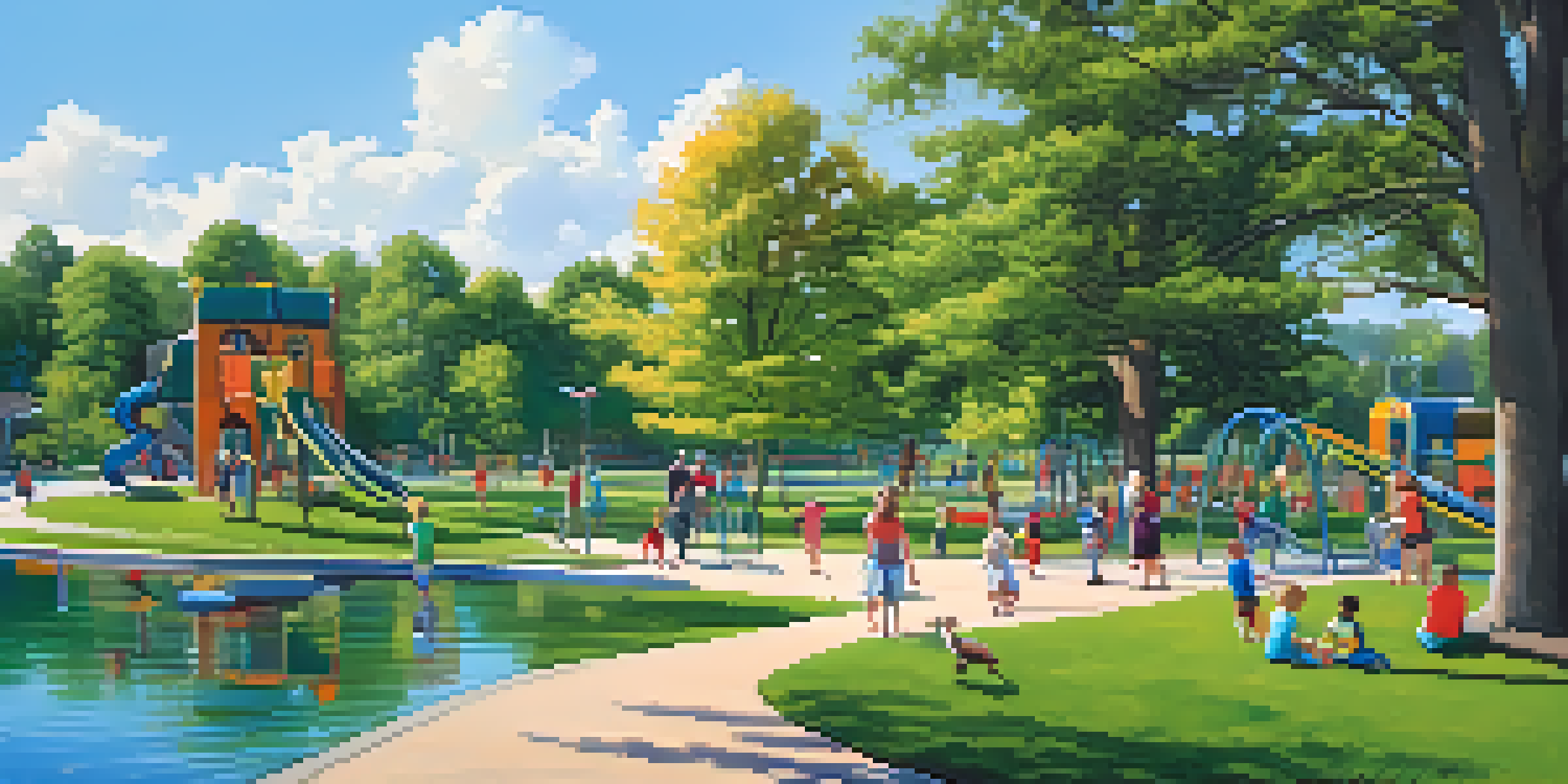 Families enjoying a sunny day at Freedom Park with children playing on the playground and parents strolling along walking trails near a tranquil lake.
