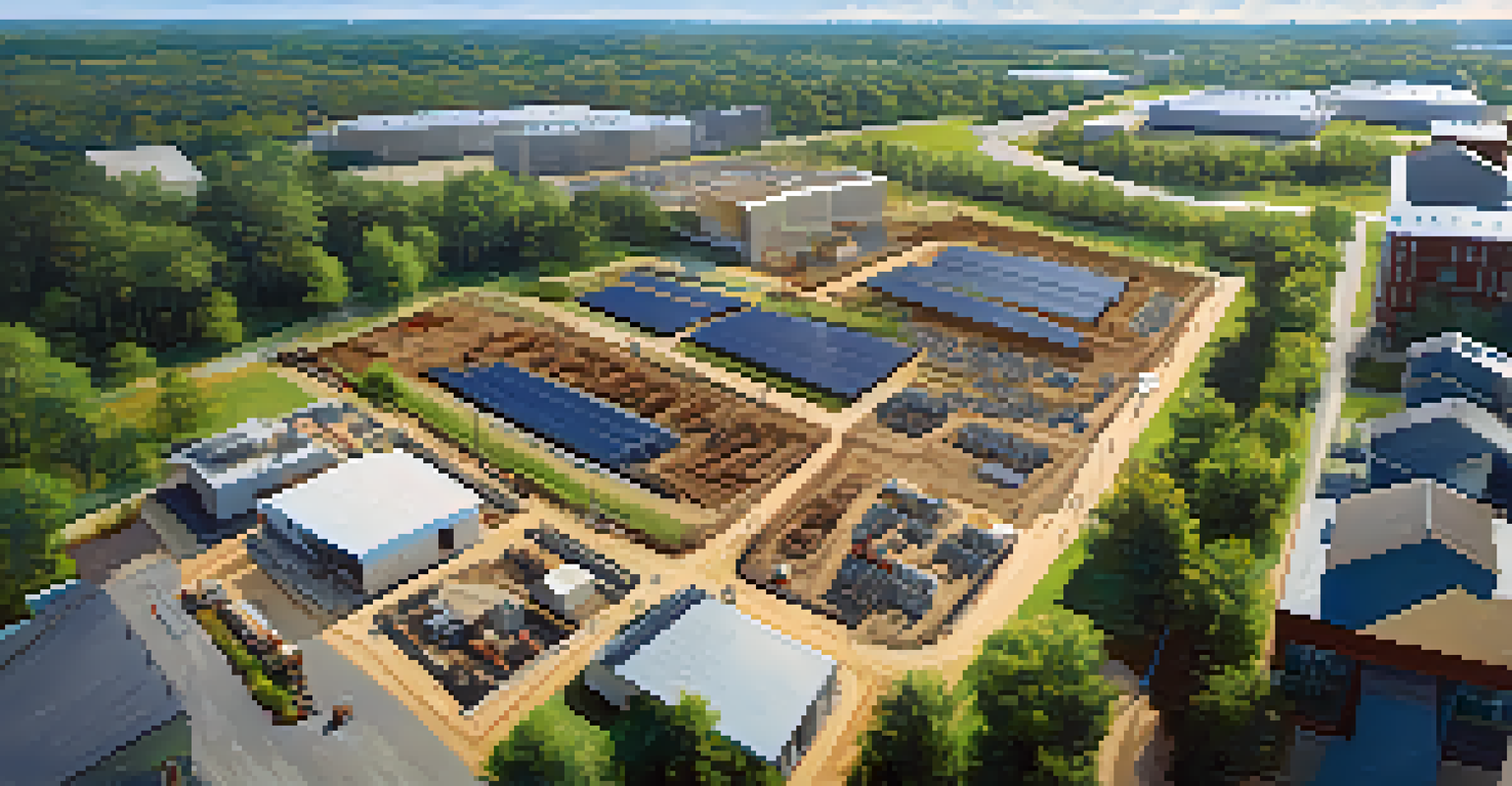 An aerial view of construction sites for eco-friendly homes in Charlotte, featuring cranes and solar panels, surrounded by greenery.