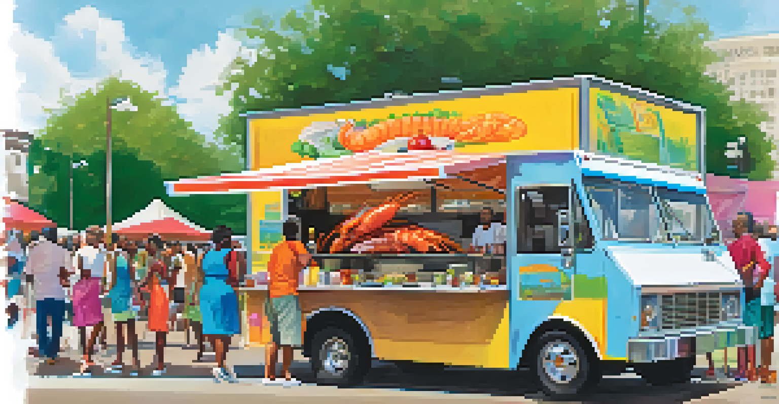 A vibrant food truck serving Southern cuisine at the festival, with a happy customer receiving their meal in a lively atmosphere.