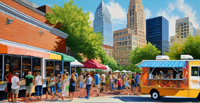 A lively street scene featuring multiple food trucks in Uptown Charlotte, with people eating and enjoying a sunny day.