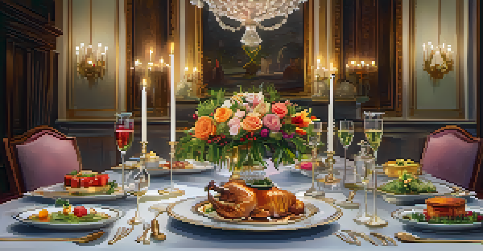 A beautifully set dining table for The Queen's Feast with a three-course meal and elegant décor.