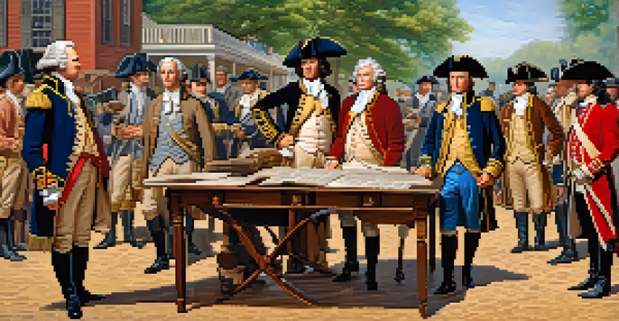 A group of historical figures in colonial attire discussing strategies around a wooden table in a rustic setting.