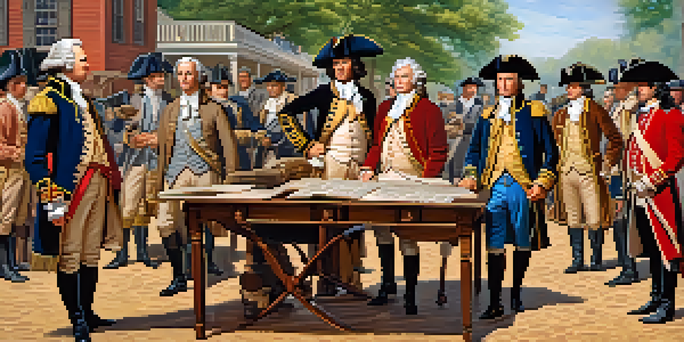 A group of historical figures in colonial attire discussing strategies around a wooden table in a rustic setting.