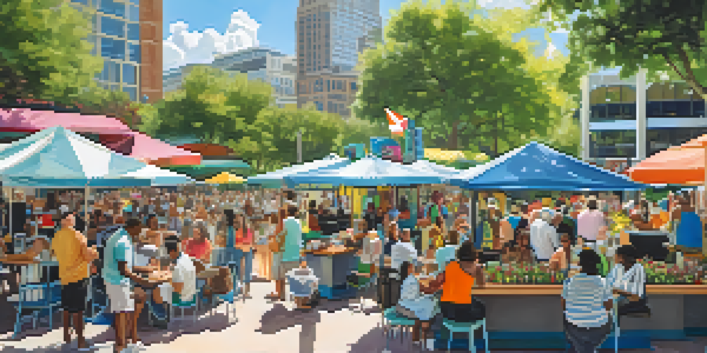 A busy food truck rally in a park with colorful trucks and diverse people enjoying food at picnic tables under a clear blue sky.
