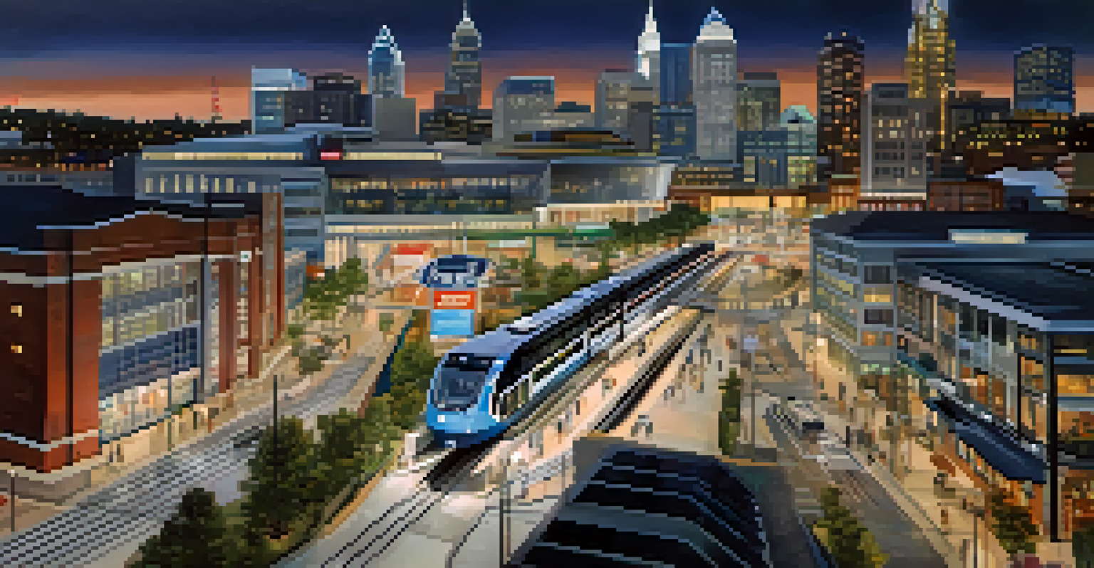 An aerial view of the Uptown station of the LYNX light rail, showing a bustling crowd with the Charlotte skyline and NASCAR Hall of Fame in the background.