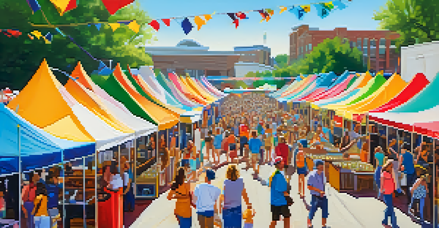 An art festival in Charlotte with artists displaying their work, people enjoying performances, and colorful tents under a blue sky.