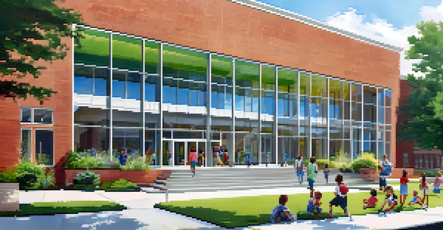 A modern charter school building with large glass windows and children playing outside on a sunny day, surrounded by greenery.