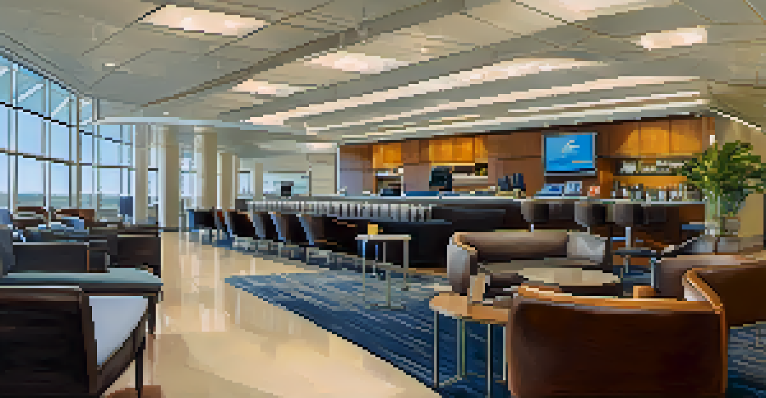 Close-up of a business lounge at Charlotte Douglas International Airport, featuring comfortable seating, workstations, and refreshments.