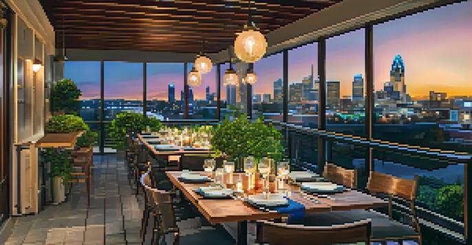 A rooftop dining scene in Charlotte with a beautiful skyline at sunset, featuring a table set with gourmet food and drinks surrounded by greenery.