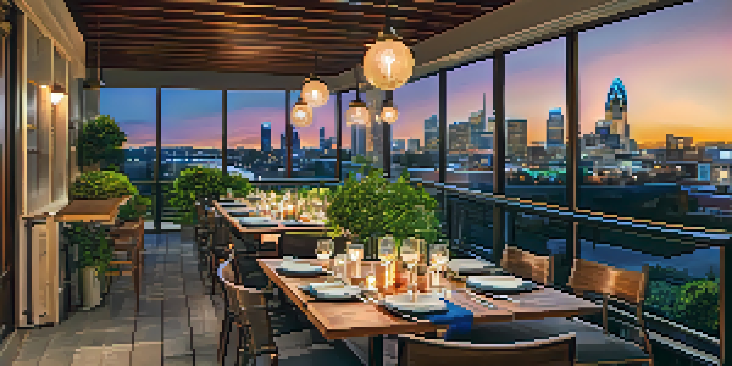 A rooftop dining scene in Charlotte with a beautiful skyline at sunset, featuring a table set with gourmet food and drinks surrounded by greenery.