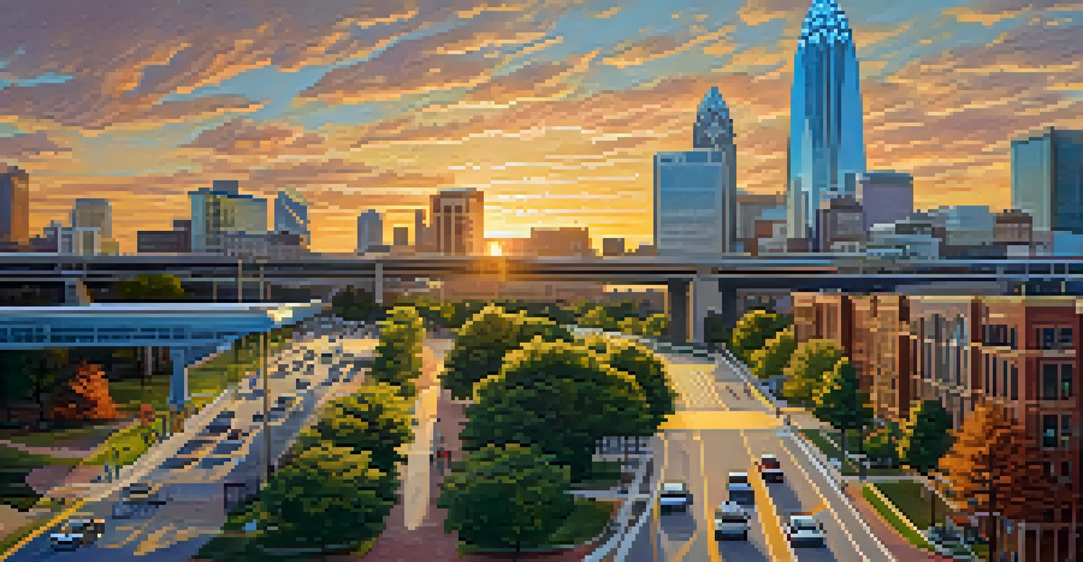 Aerial view of downtown Charlotte with cyclists on dedicated bike lanes and pedestrians on walkways, surrounded by trees and urban art at sunset.