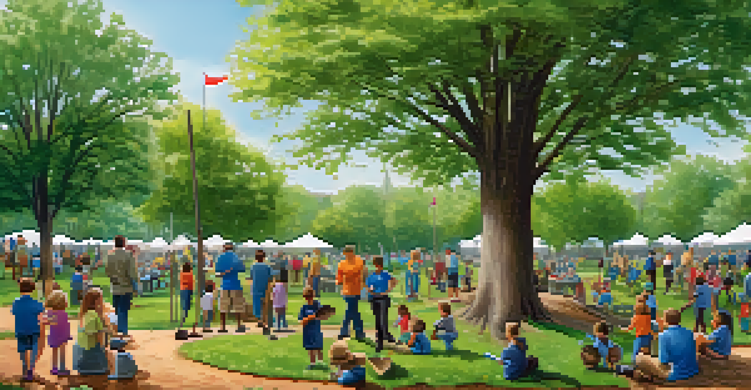 A community event in a Charlotte park with families planting trees together, creating a lively and cooperative atmosphere surrounded by greenery.