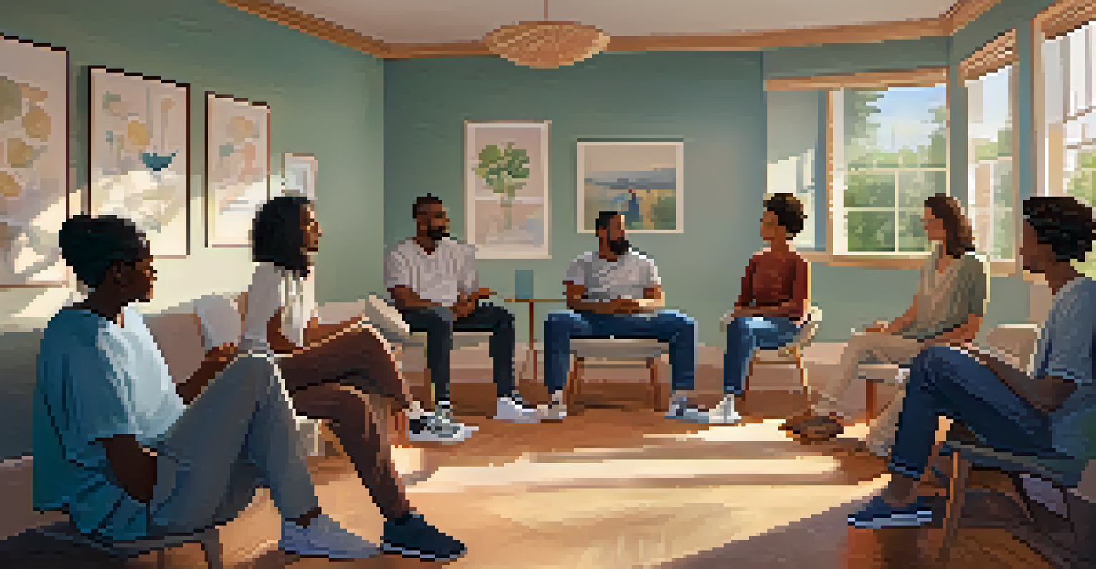 A peaceful support group session with diverse participants sitting in a circle in a cozy room, discussing mental health.