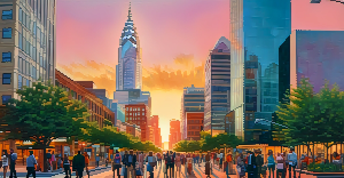 A vibrant urban scene in Charlotte, North Carolina, with professionals walking and a modern skyline during sunset.