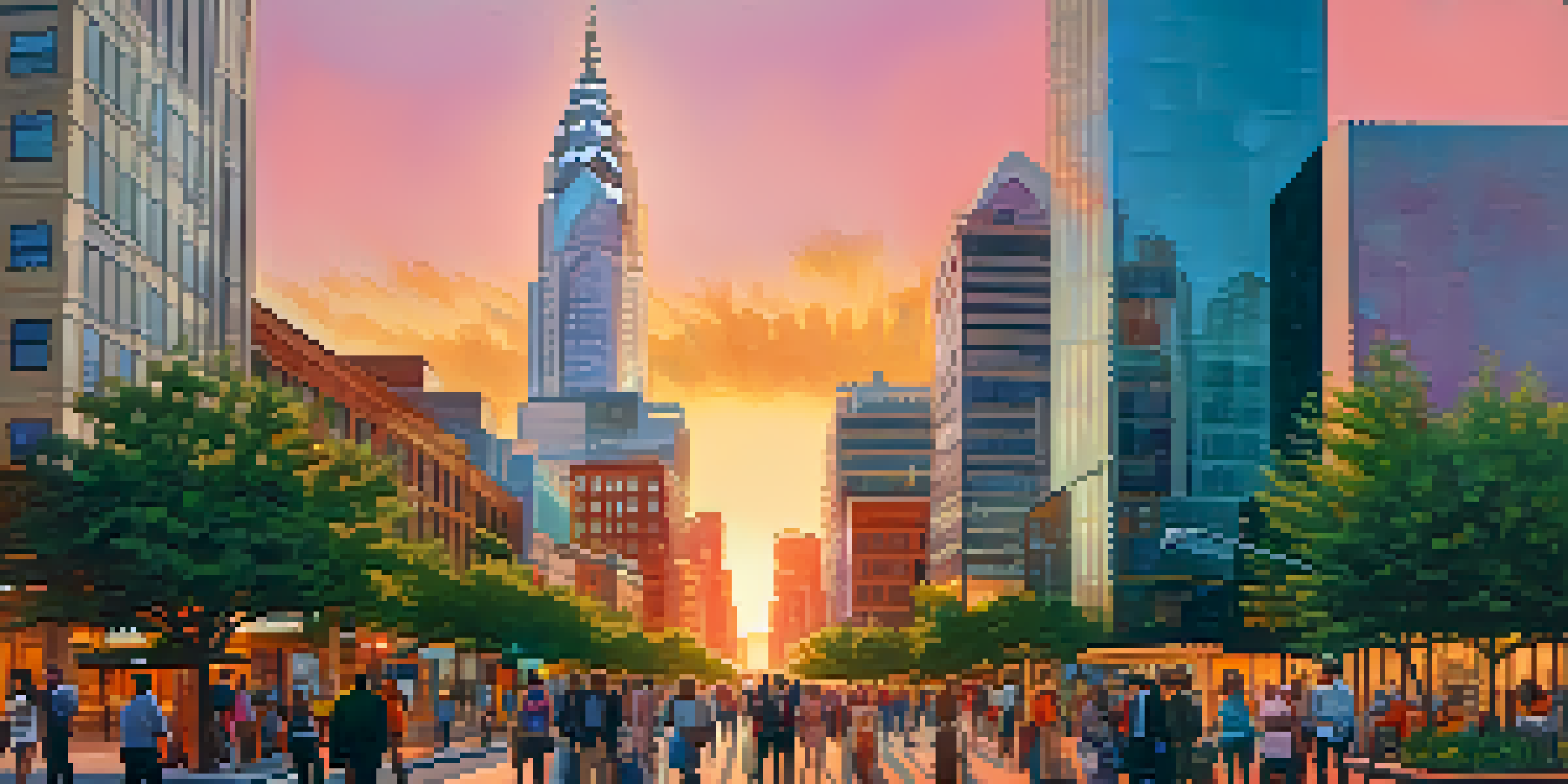 A vibrant urban scene in Charlotte, North Carolina, with professionals walking and a modern skyline during sunset.