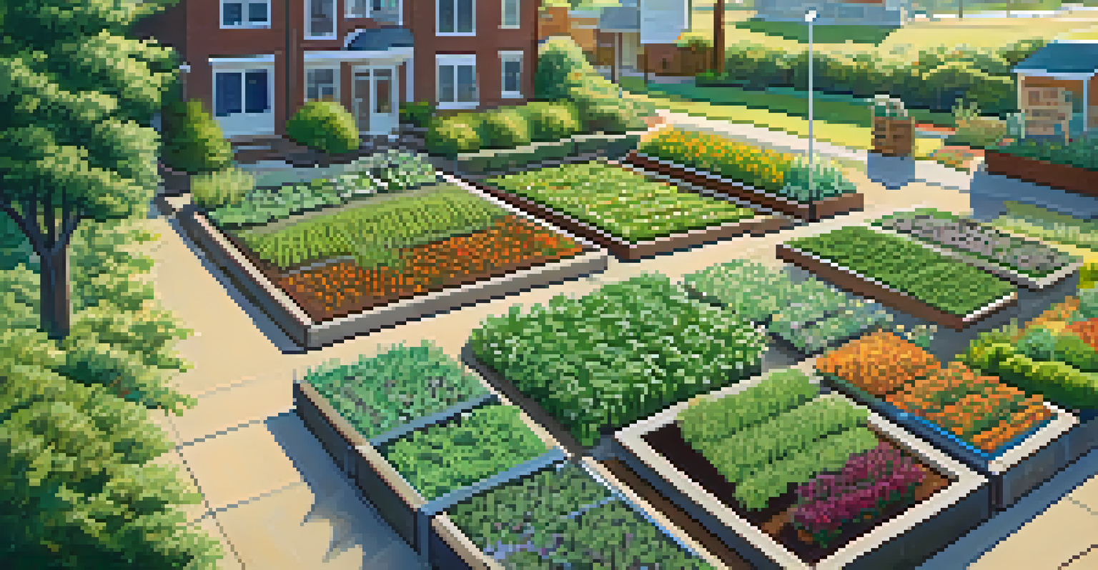 Aerial view of a community garden in Charlotte with organized rows of vegetables and flowers, surrounded by walking paths.