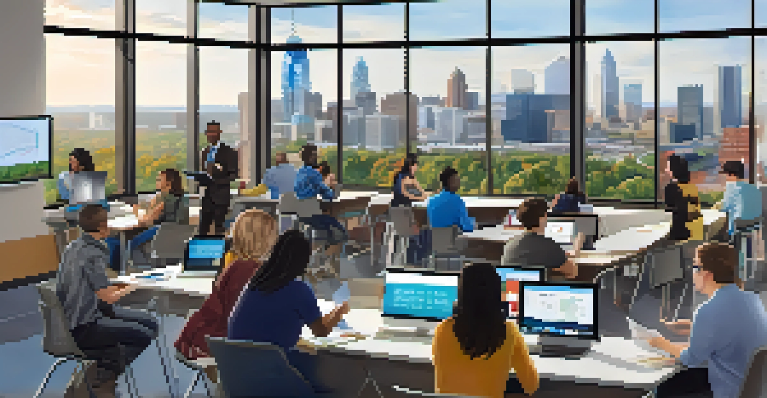 Students of various backgrounds collaborating in a modern classroom with technology and a view of Charlotte's skyline.