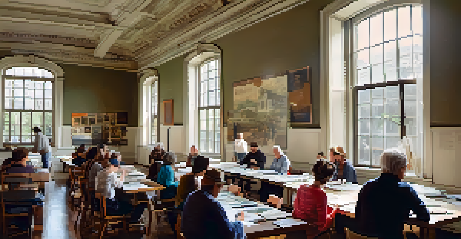 Community members participating in a workshop about historic preservation in a vintage room.