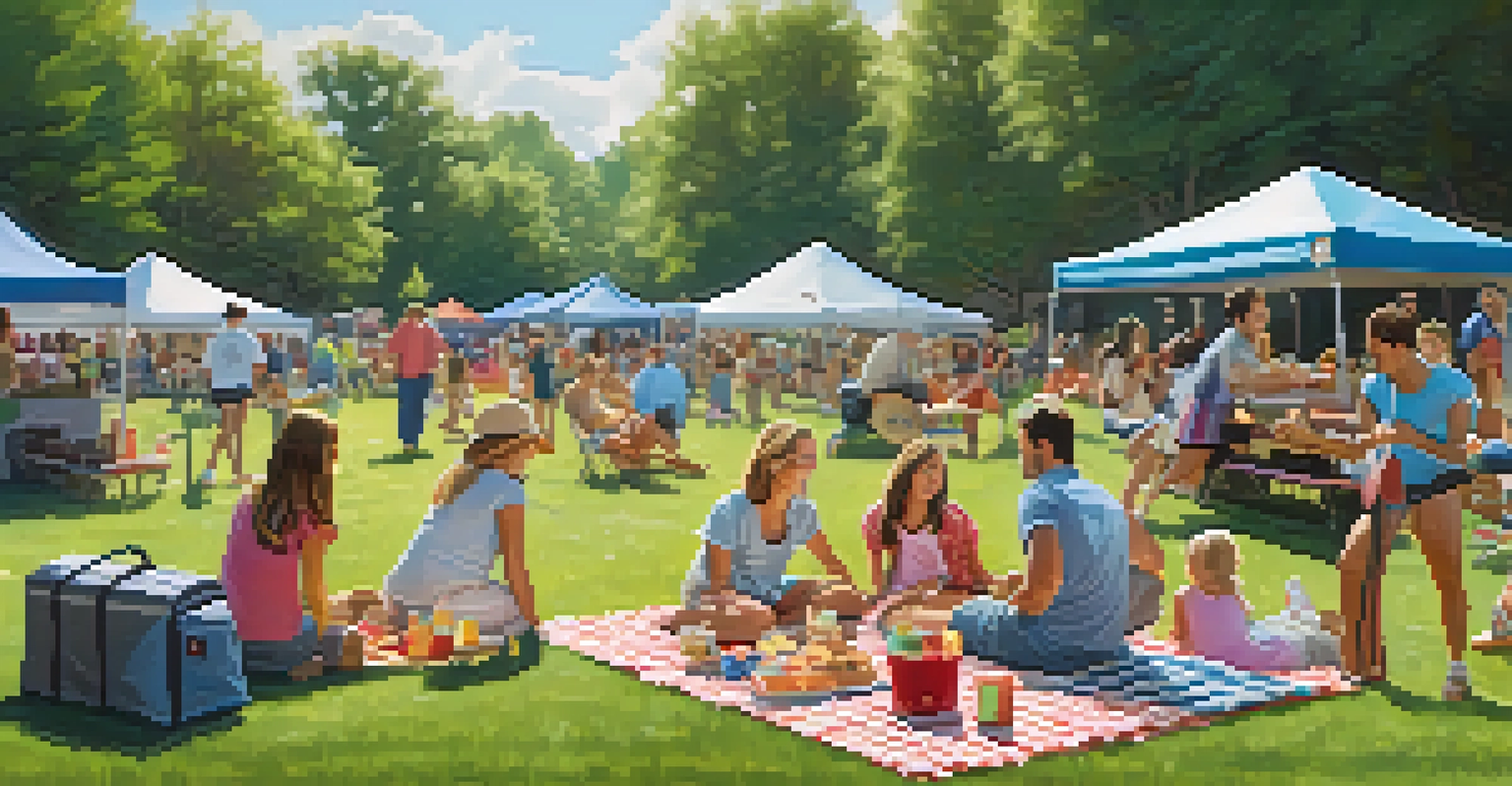 A family enjoying a picnic at a sports festival, with children playing and food trucks in the background, creating a joyful atmosphere.