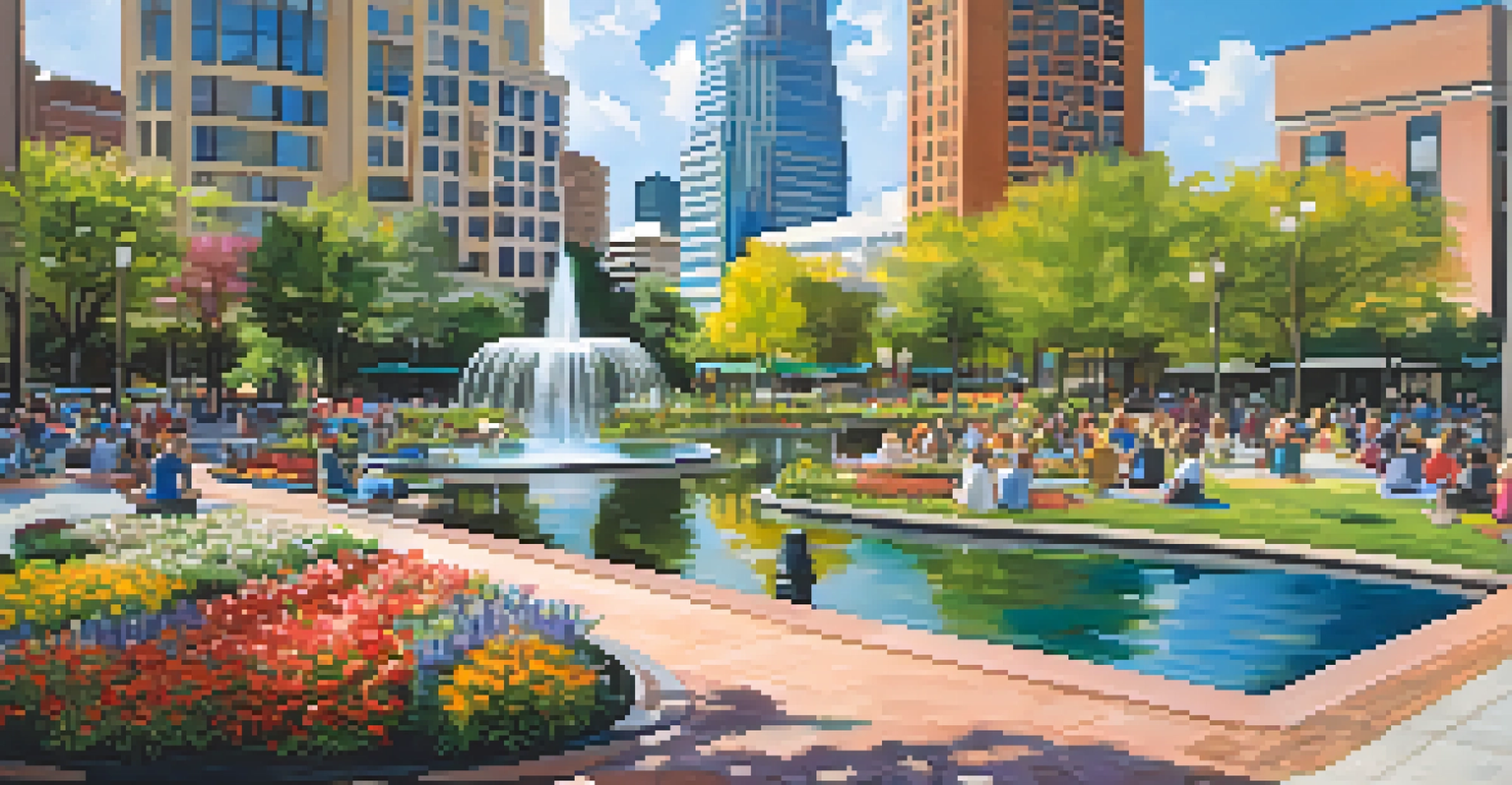 A colorful park scene with blooming flowers, sculptures, and a water feature, where people engage in yoga and music.