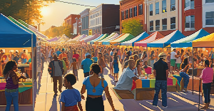 A lively street festival in Charlotte with diverse people, colorful tents, and artworks, set against a warm sunset.