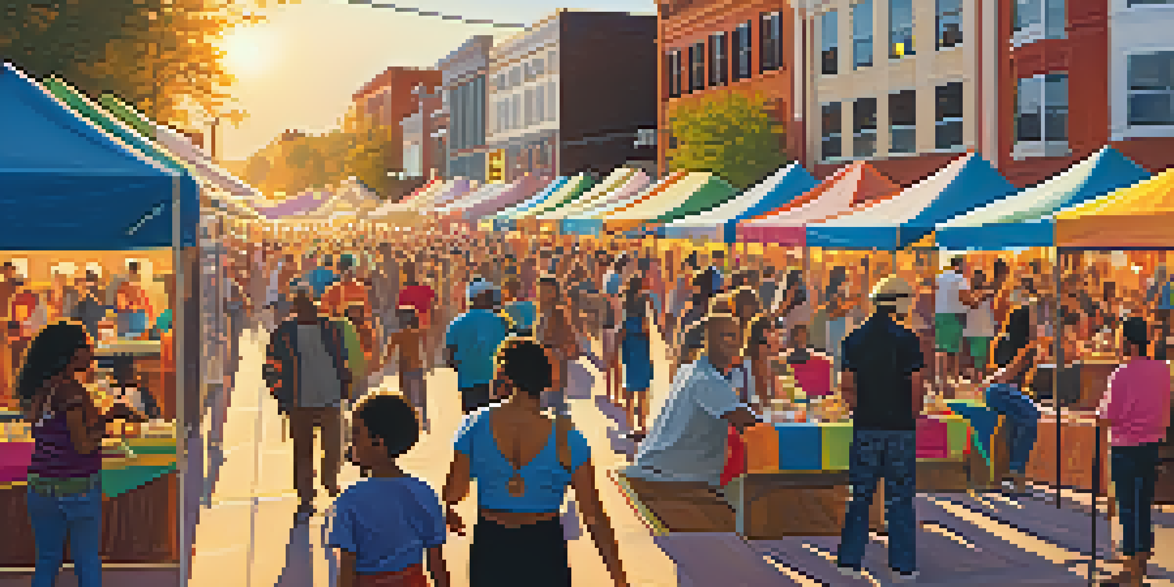 A lively street festival in Charlotte with diverse people, colorful tents, and artworks, set against a warm sunset.