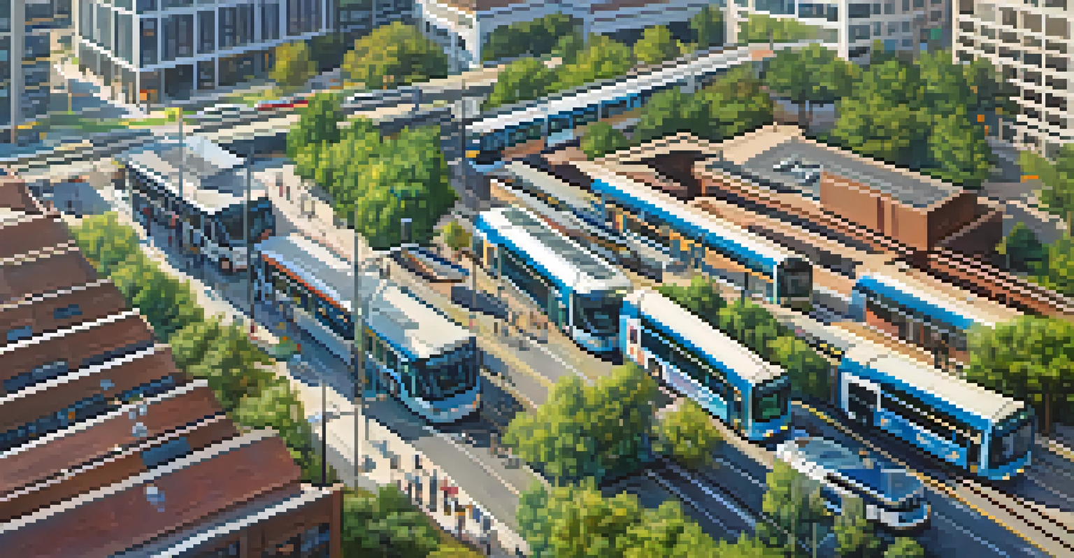Aerial view of Charlotte's public transit system with electric buses and light rail, showing people planning their trips.