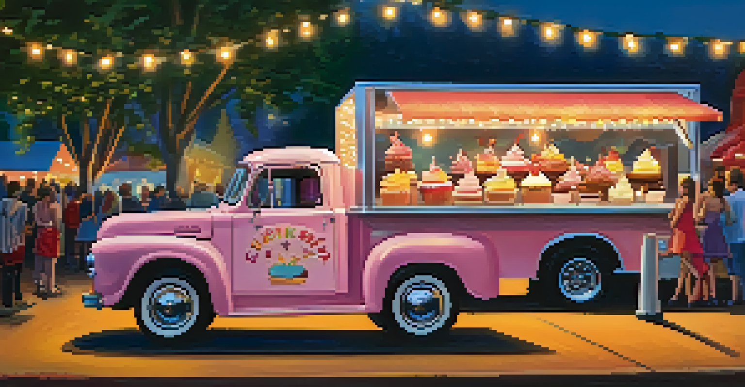 A food truck offering cupcakes, showcasing colorful desserts and a warm evening atmosphere with fairy lights.