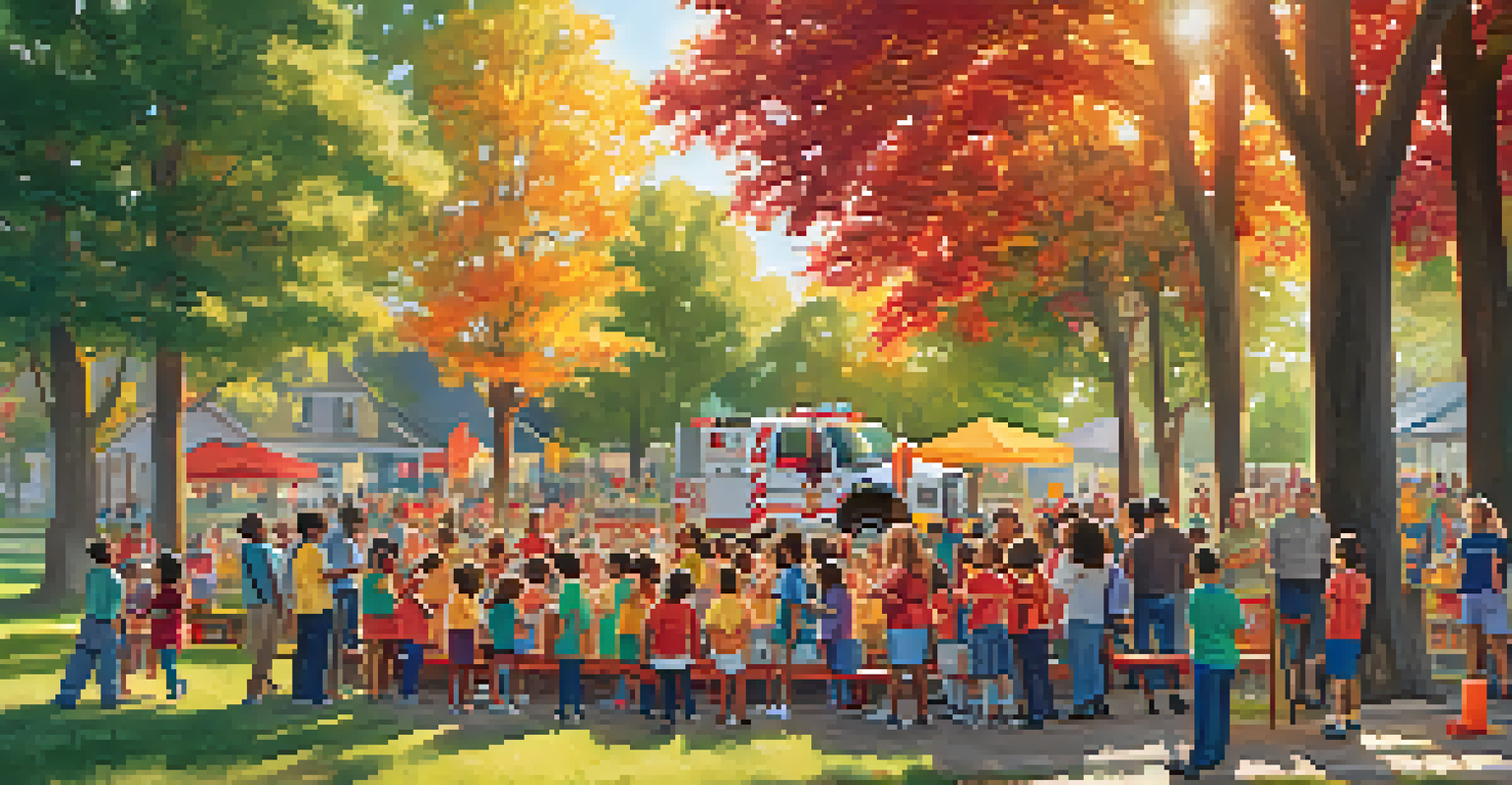 Families interact with volunteer firefighters during a fire safety workshop in a park, highlighting community engagement and learning.