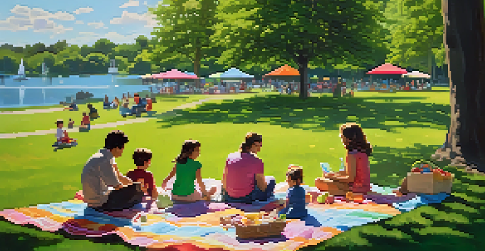 A lively family picnic in Freedom Park with children playing and a serene lake in the background.