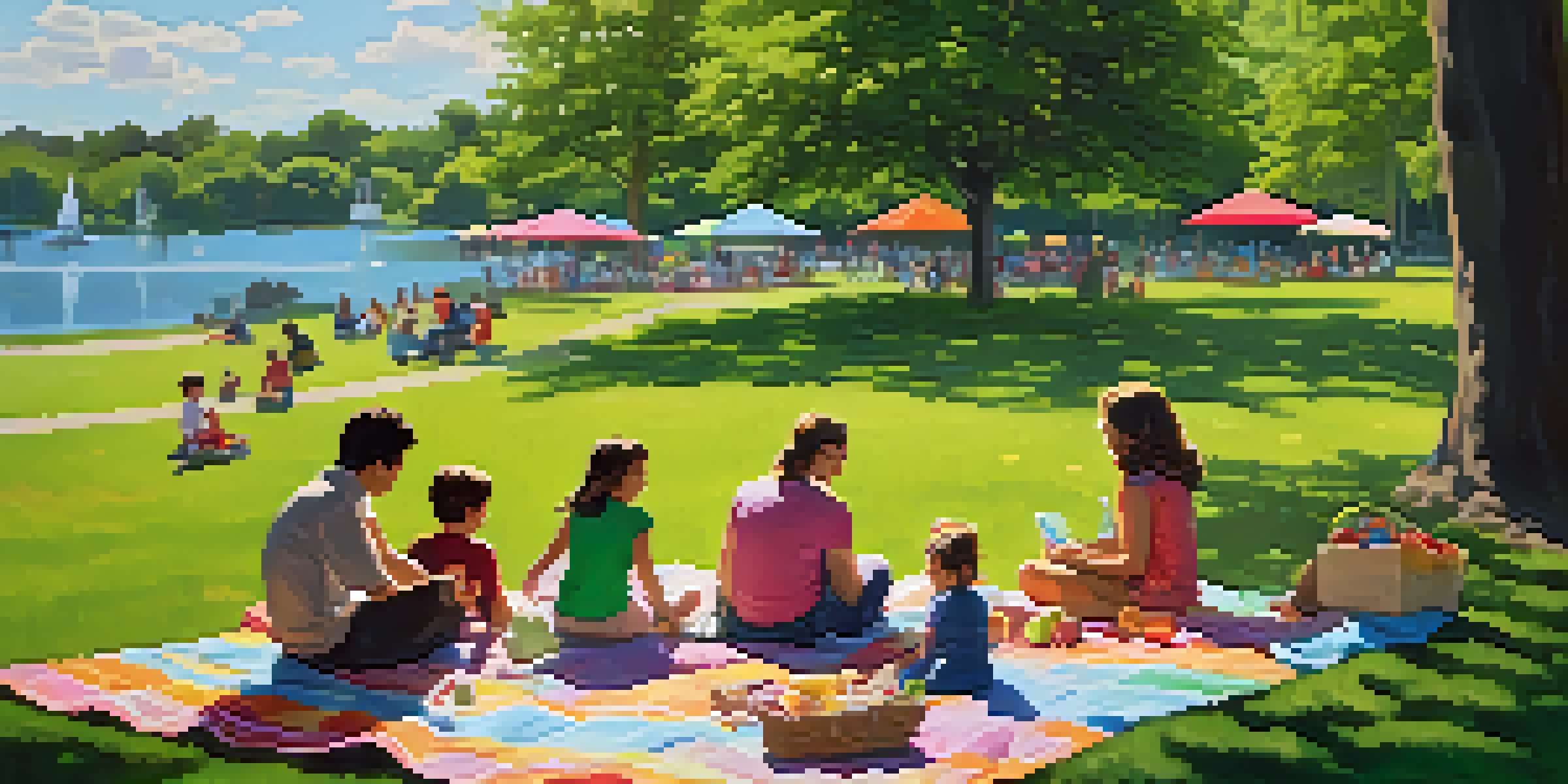 A lively family picnic in Freedom Park with children playing and a serene lake in the background.