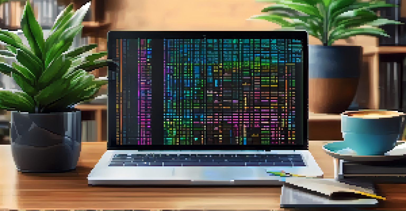 A laptop screen with vibrant code, a coffee cup, and a cozy home office setting in the background.