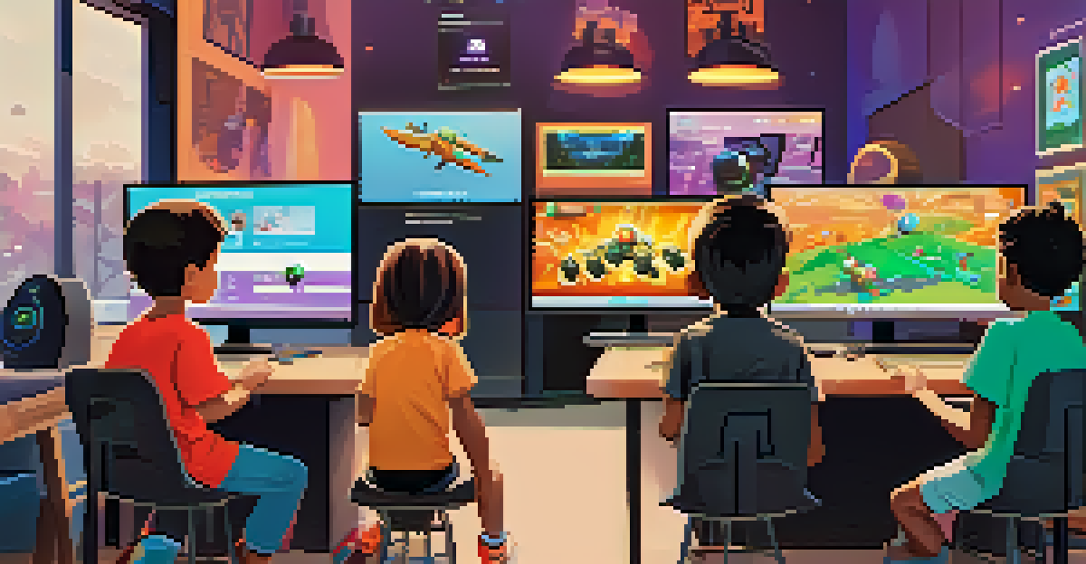 Children engaged in a coding class at Code Ninjas, working on computers to create video games in a vibrant and inviting classroom setting.