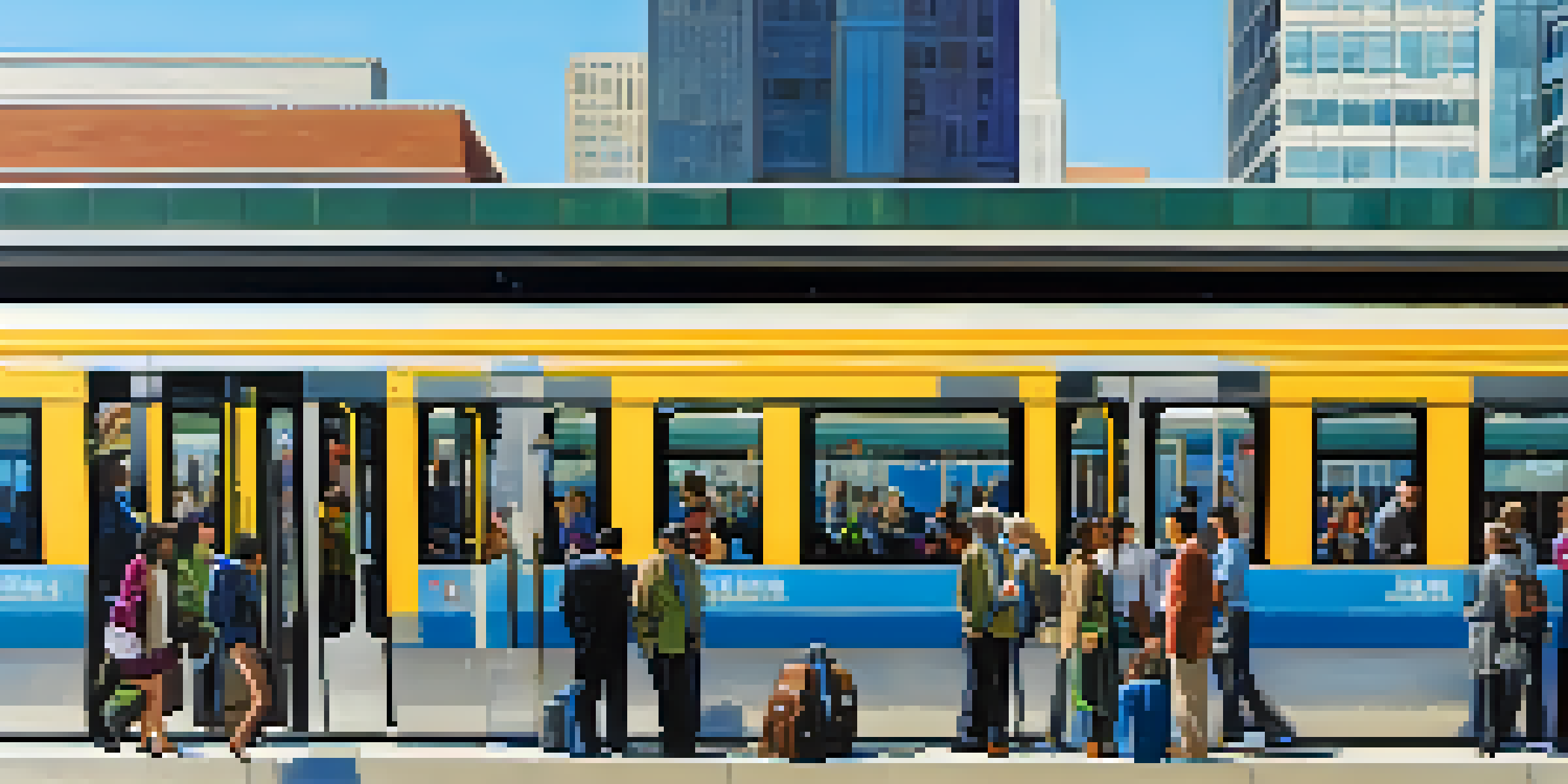 A busy light rail station in Charlotte with diverse commuters waiting for the train under a clear blue sky.