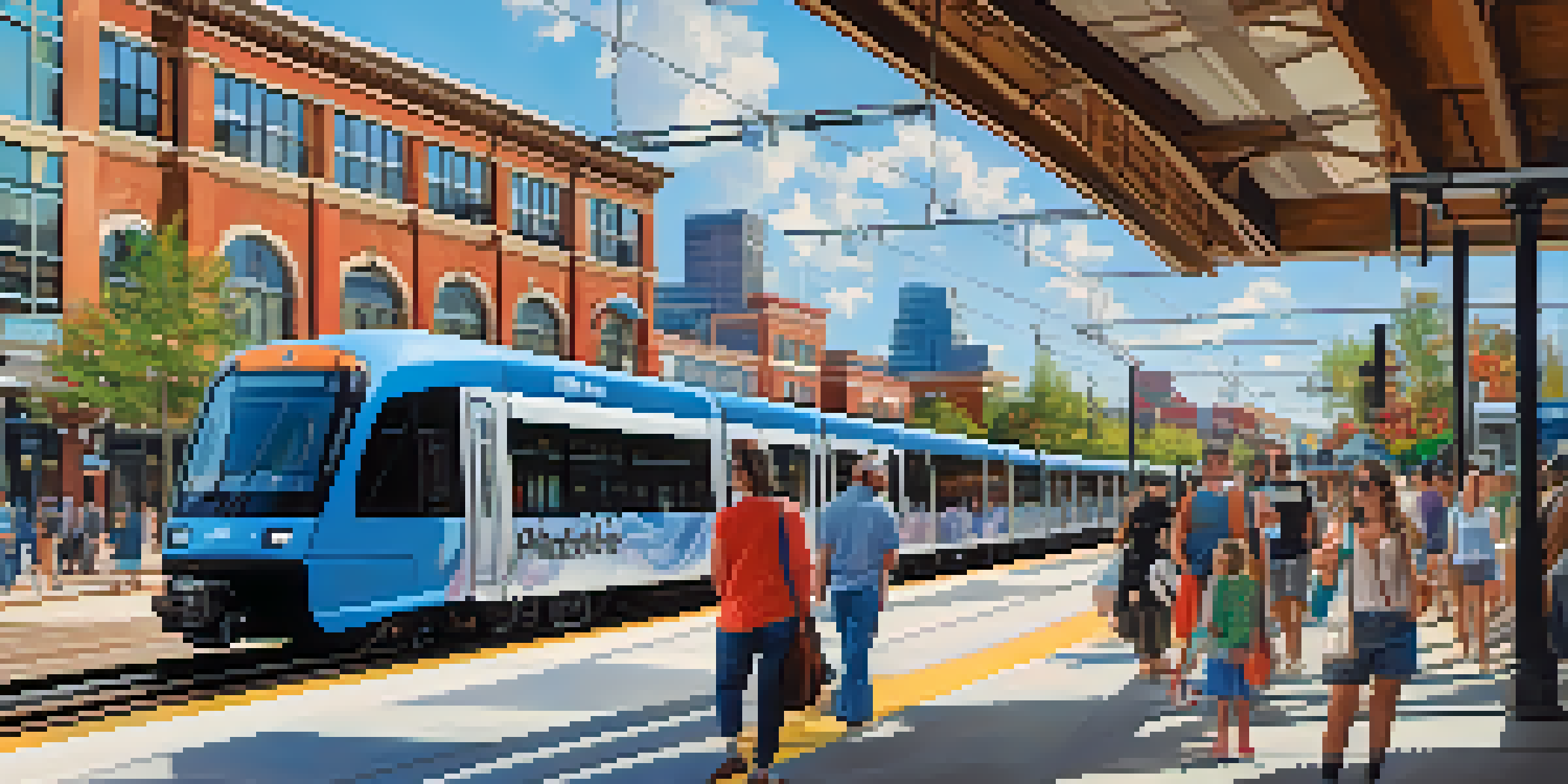 A lively depiction of the South End station of the LYNX light rail, featuring colorful murals, people boarding the train, and outdoor cafes.