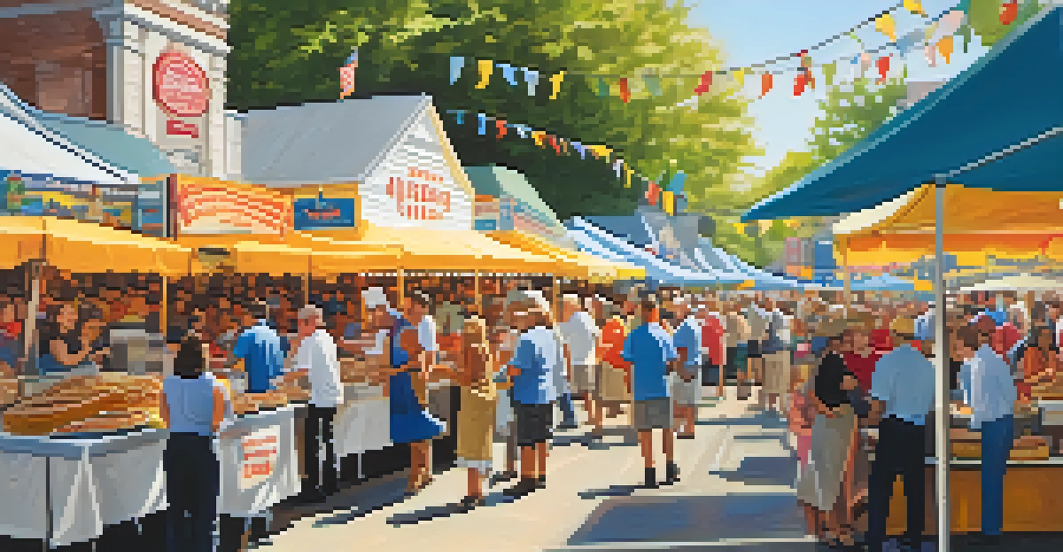 A vibrant food festival in Charlotte with various stalls serving Southern cuisine, colorful banners, and happy crowds under bright sunshine.