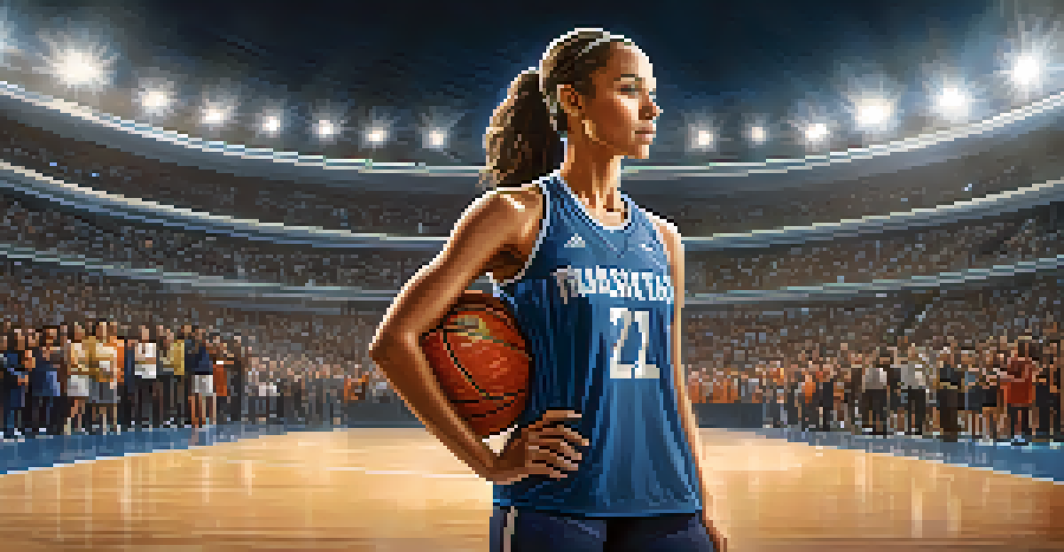 A female athlete standing on a basketball court, confidently holding a basketball with a cheering crowd in the background.