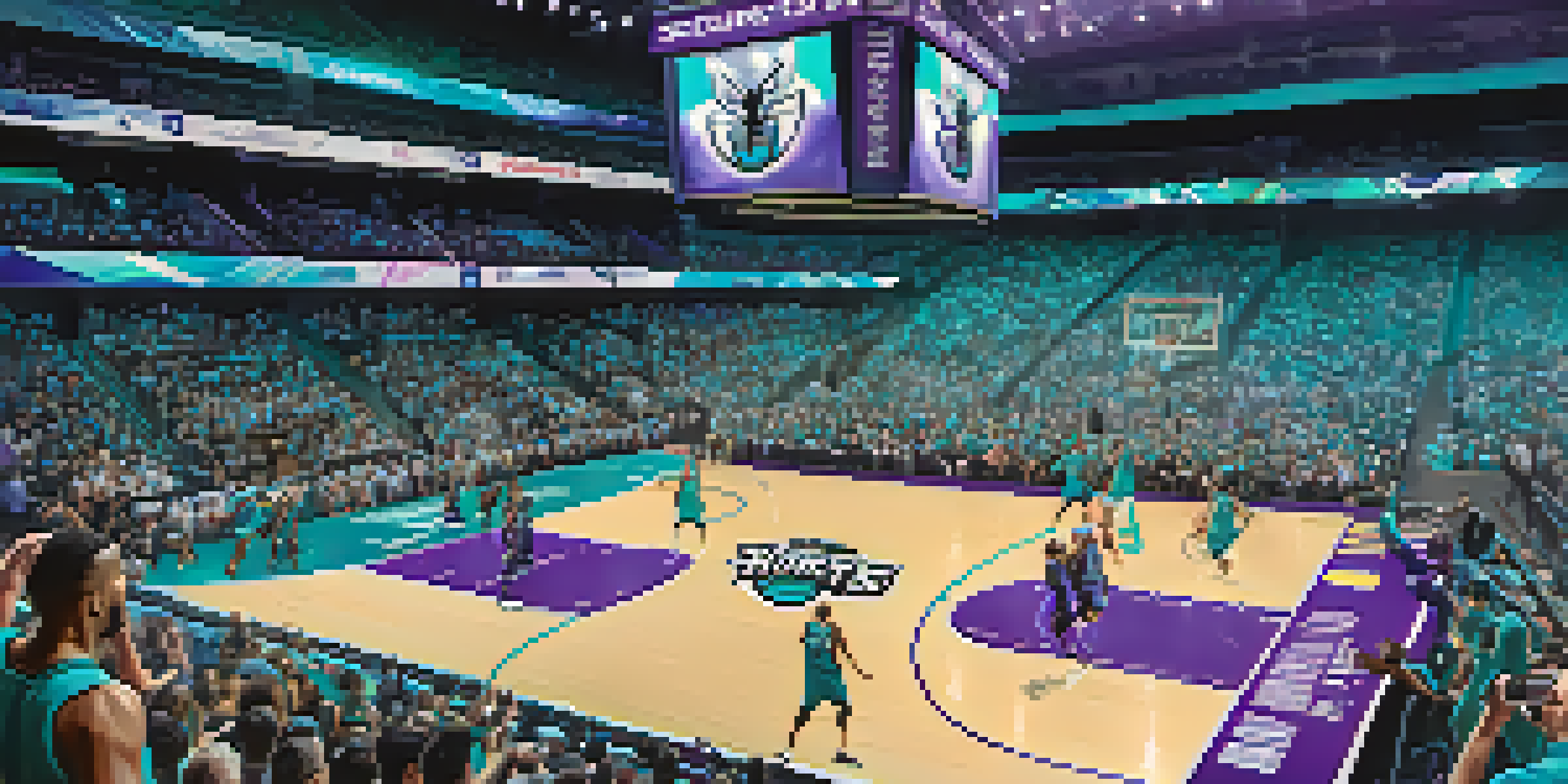 A lively basketball game at the Charlotte Hornets' arena, with fans cheering and players in action.