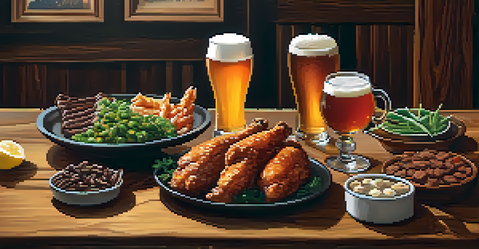 A table with craft beers and gourmet food pairings, featuring wings and chocolate dessert in a rustic setting.