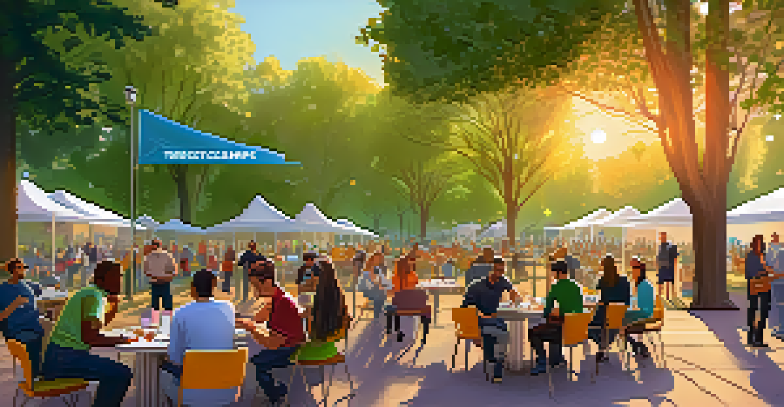 A networking event in a park with people discussing tech projects, surrounded by banners and trees at sunset.