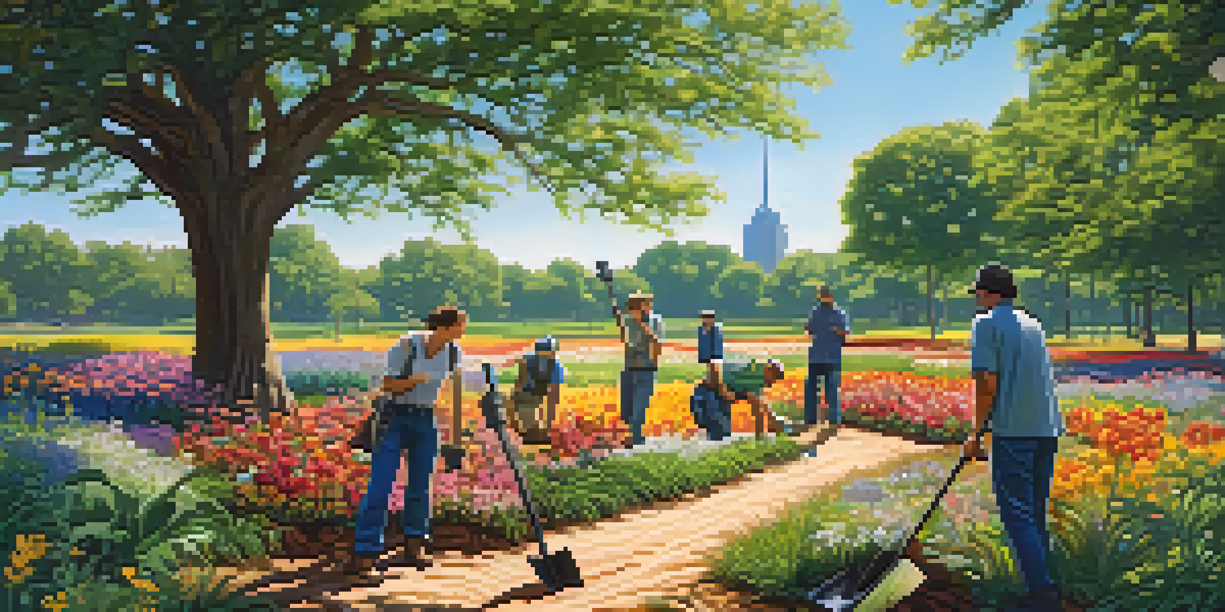 A scenic park in Charlotte with treasure hunters digging and searching for lost treasure under a blue sky.