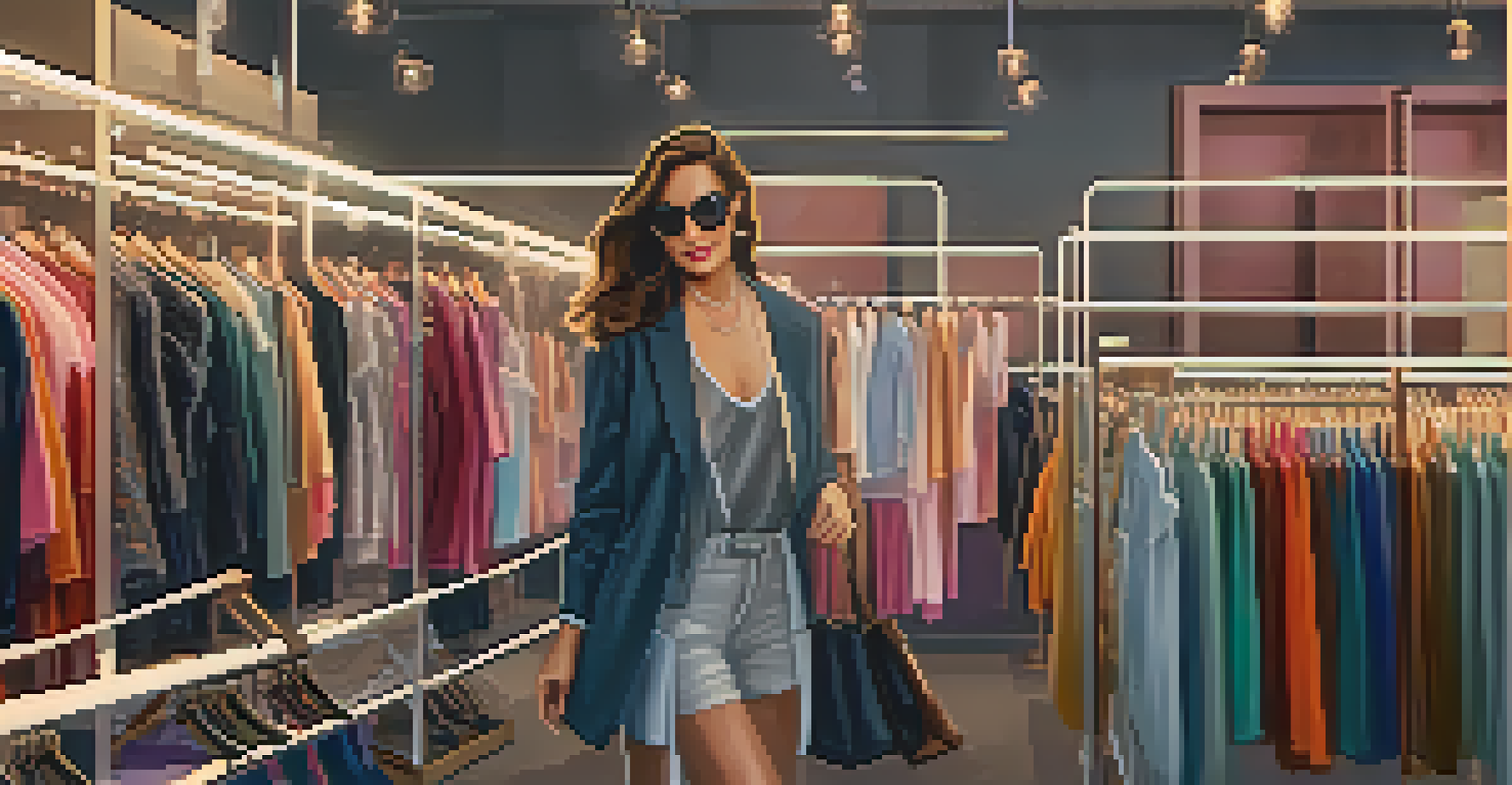 A fashion influencer in a boutique, showcasing clothing to a customer.
