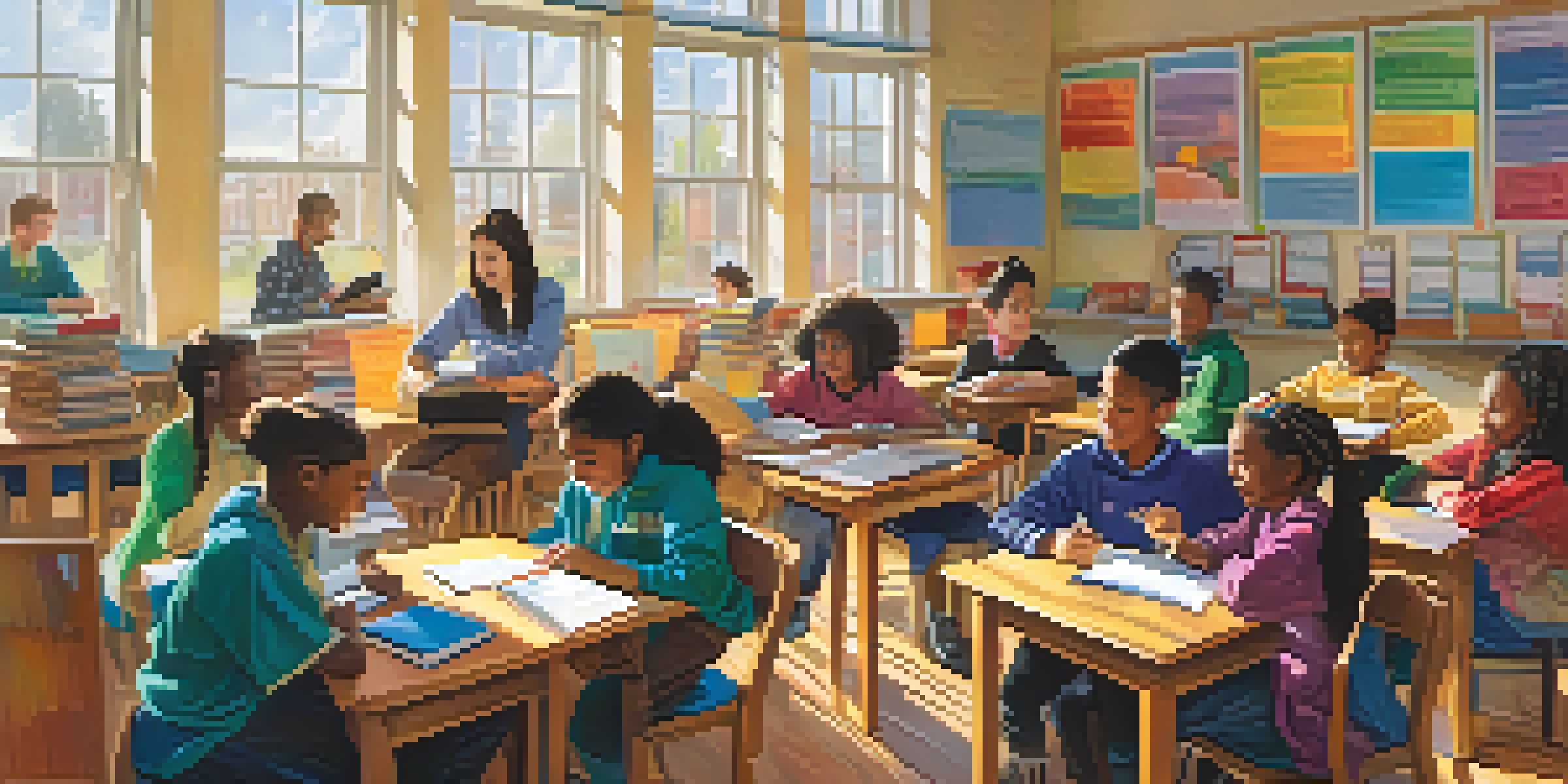 A diverse group of students collaborating in a bright and colorful classroom, with sunlight streaming through windows and educational posters on the walls.